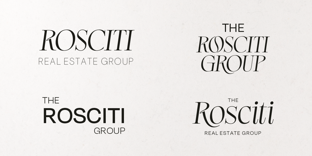 Four variations of the Rosciti Group logo, featuring different styles and text arrangements.