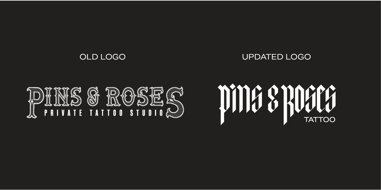 Comparison of old and updated logos for "Pins & Roses" tattoo studio.