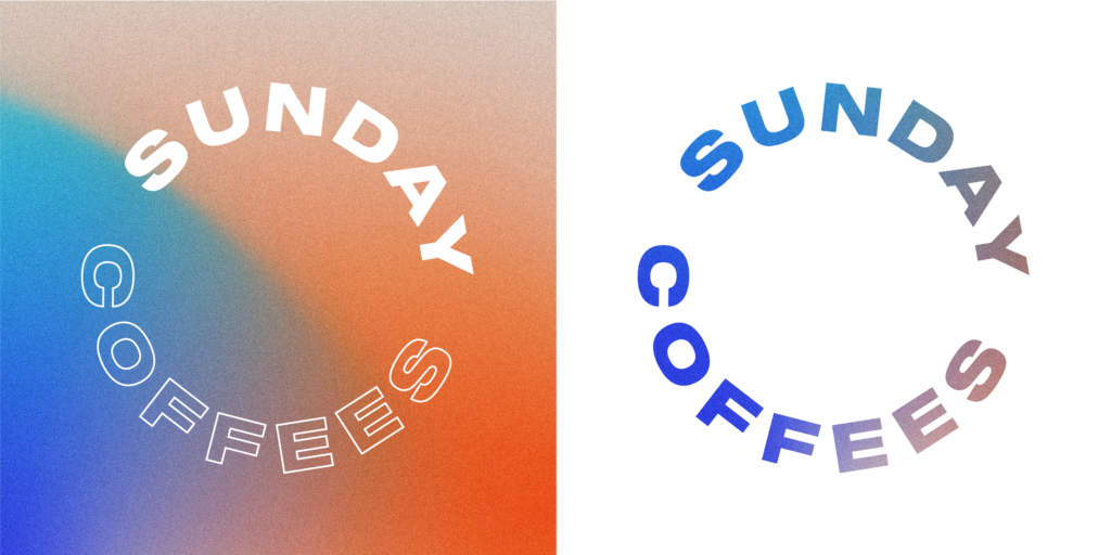 Two circular logos display the text "SUNDAY COFFEES" in contrasting colors and styles against gradient backgrounds.