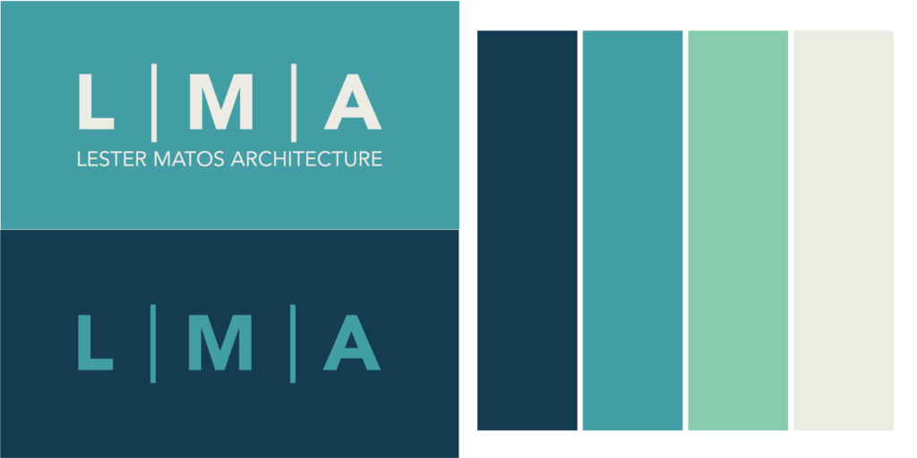 Logo for Lester Matos Architecture with color palette featuring teal, dark blue, and light shades.