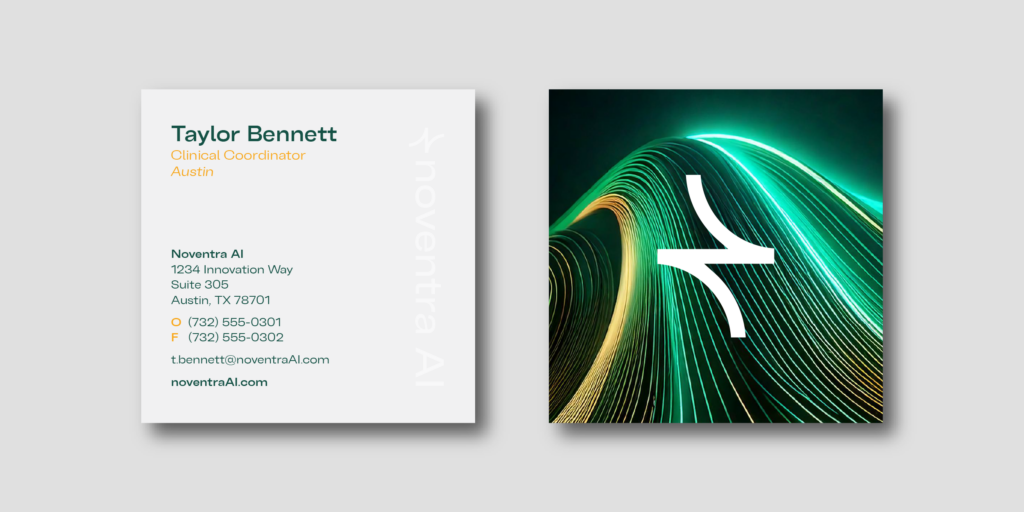 Business card for Taylor Bennett, Clinical Coordinator at Noventra AI, with abstract green and yellow design.